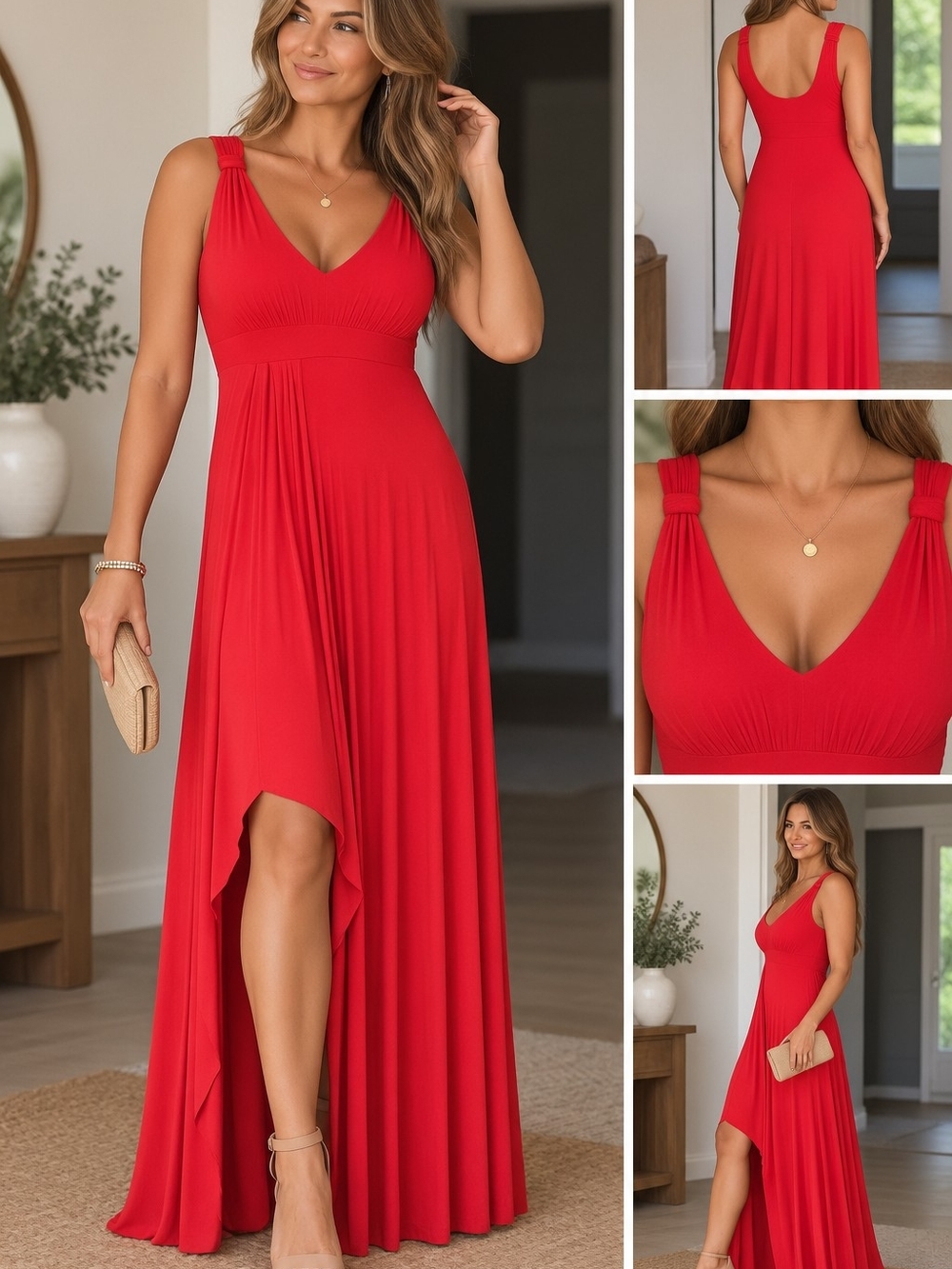 Boston Proper Red V-Neck Maxi Dress with Gathered Shoulder Straps